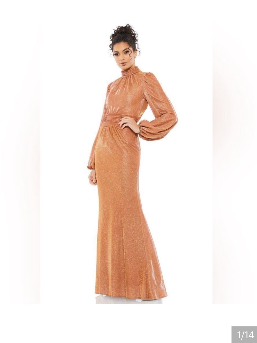 NWT MAC DUGGAL DRAPED GLITTER FABRIC HIGH NECK PUFF SLEEVE TRUMPET GOWN Size 6